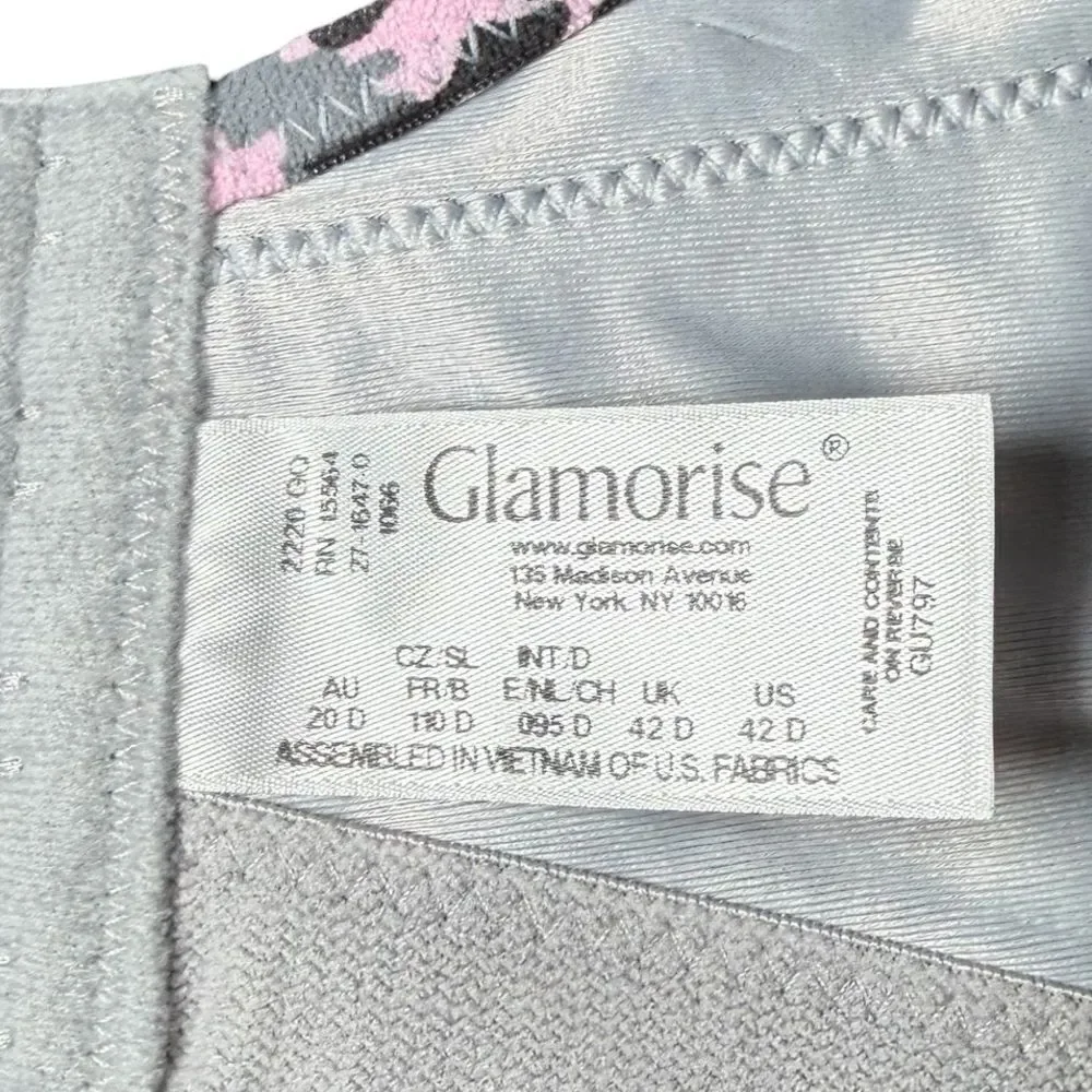 Glamorise Grey/Pink Camo No Bounce Camisole Sports Bra Size 42D